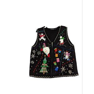 Vintage Reference Point Ugly Christmas Holiday Sweater VEST Snowmen Navy Zip L
